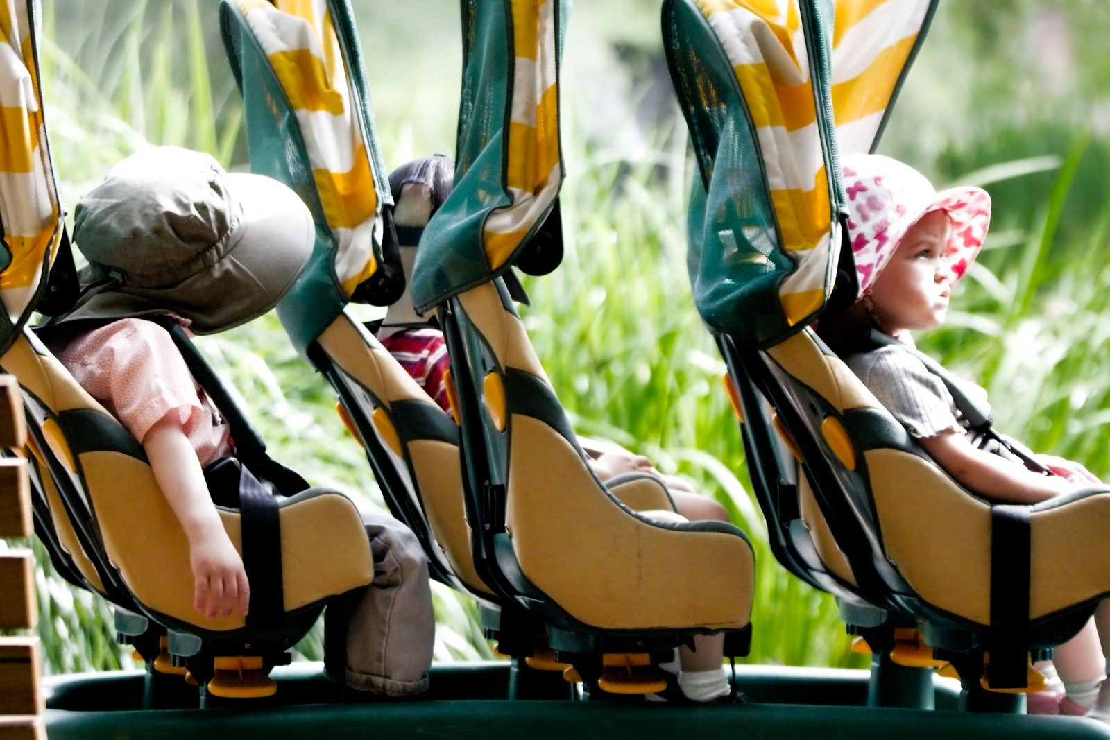 A couple of kids riding on top of a roller coaster