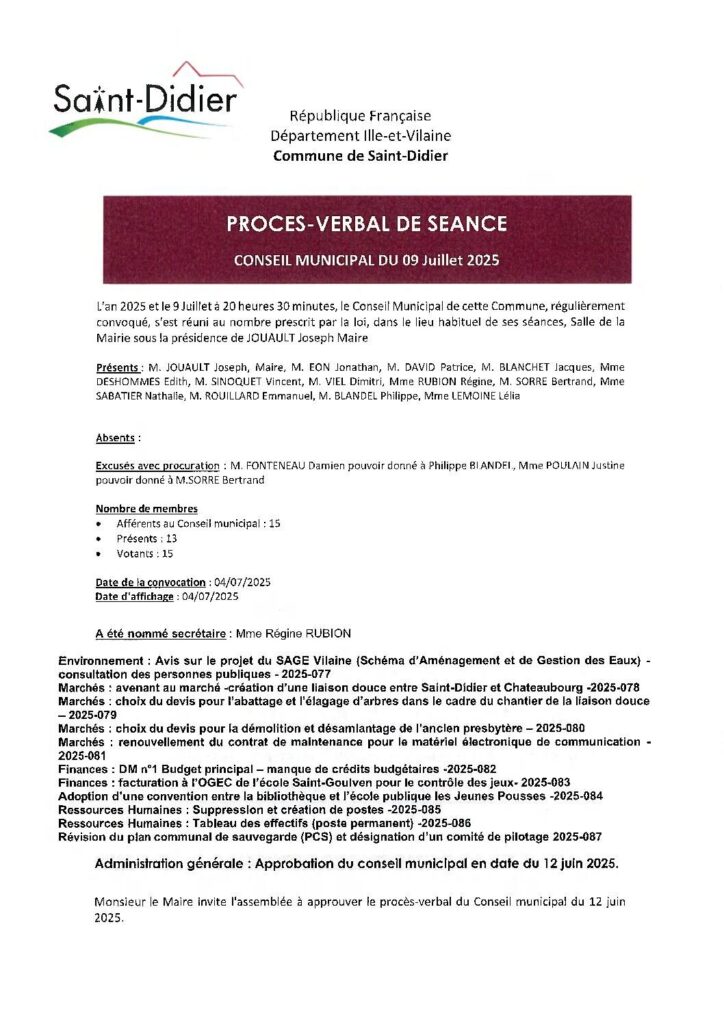 Image du document Procès Verbal du Conseil Municipal de Juillet 2025