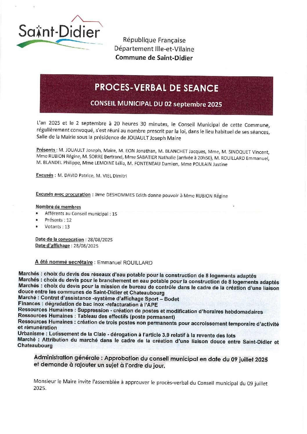 Image du document Procès Verbal du Conseil Municipal de Septembre 2025