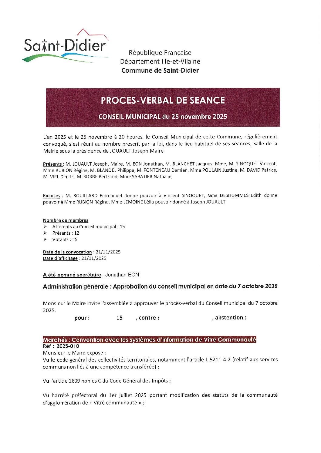 Image du document Procès Verbal du Conseil Municipal de Novembre 2025
