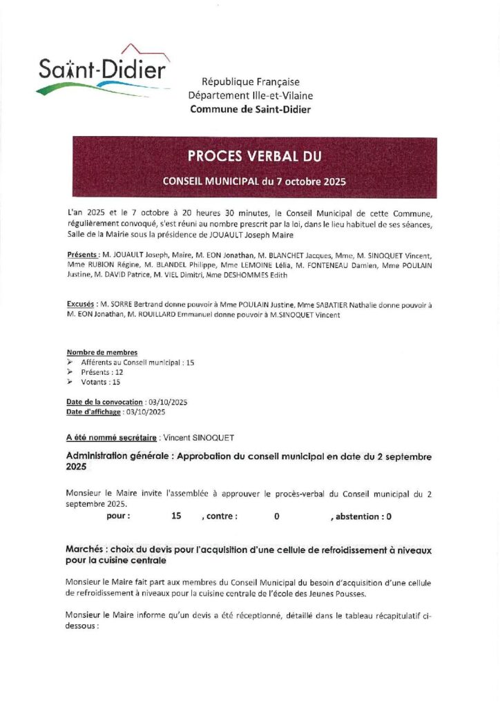 Image du document Procès Verbal du Conseil Municipal d’Octobre 2025