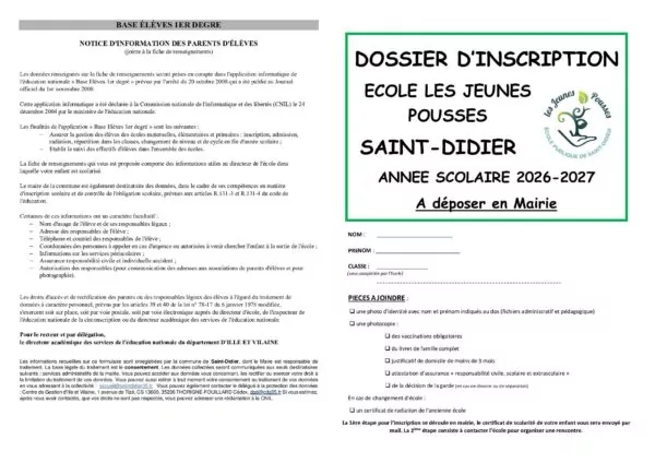 Image du document Dossier d&rsquo;inscription scolaire – Ecole les Jeunes Pousses