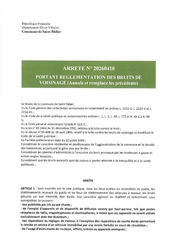 Image du document Arrêté portant règlementation des bruits de voisinage