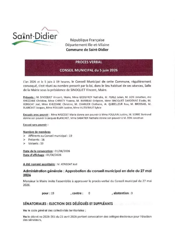 Image du document Procès Verbal du Conseil Municipal du 5 Juin 2026