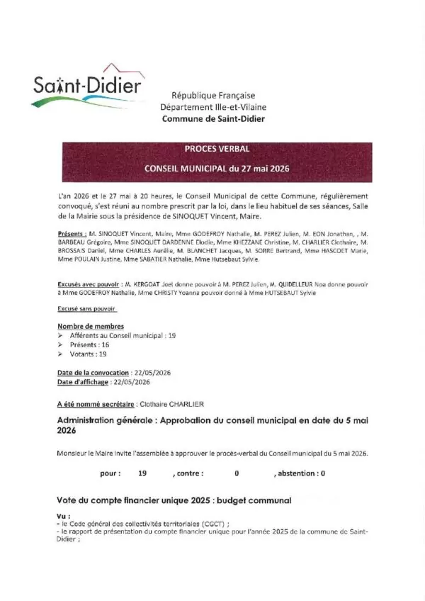 Image du document Procès Verbal du Conseil Municipal du 27 Mai 2026