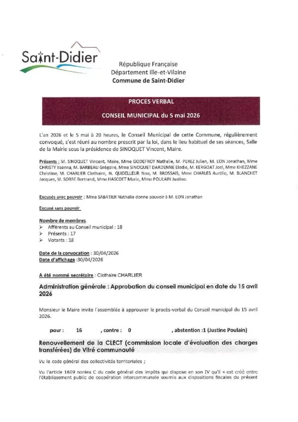 Image du document Procès Verbal du Conseil Municipal du 5 Mai 2026