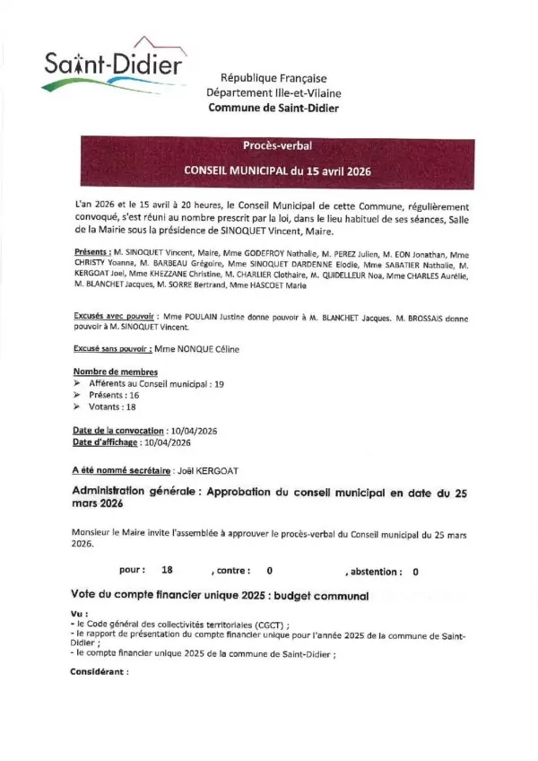 Image du document Procès Verbal du Conseil Municipal de Avril 2026