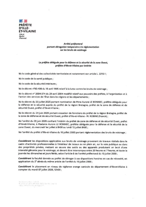 Image du document Arrêté préfectoral Bruits liés aux travaux