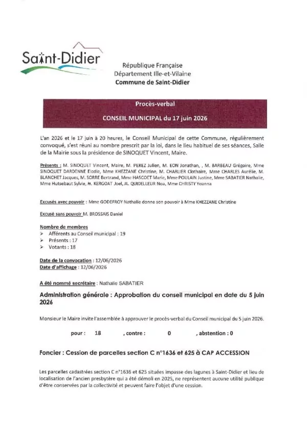 Image du document Procès Verbal du Conseil Municipal du 17 juin 2026