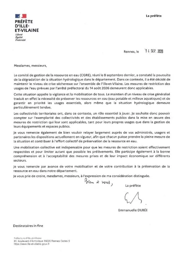 Image du document Lettre de la Préfecture – Sécheresse