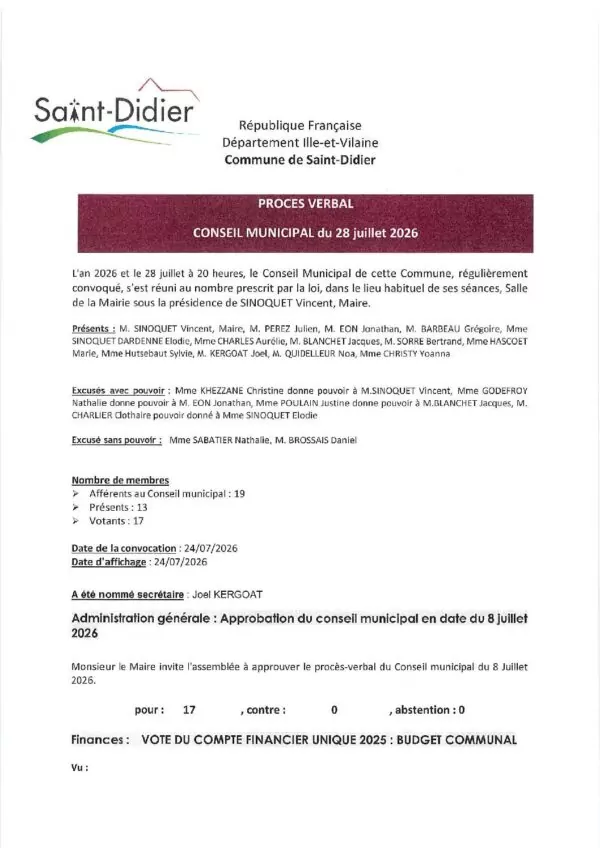 Image du document Procès Verbal du Conseil Municipal du 28 juillet 2026