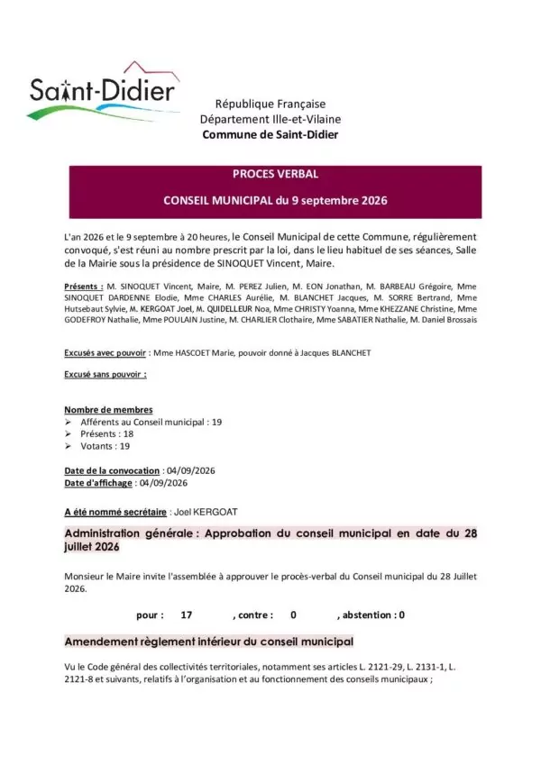 Image du document Procès Verbal du Conseil Municipal du 9 septembre 2026